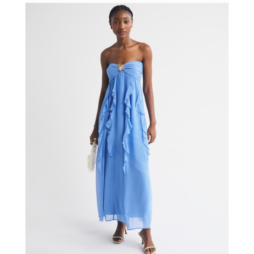 Abercrombie & Fitch Blue Chiffon Ruffle Maxi Dress Gold Flower Brooch Size L NWT